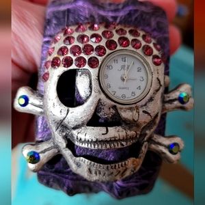 Pirate Skull Cuff Leather Purple Watch Swarovski Crystals 8" Band